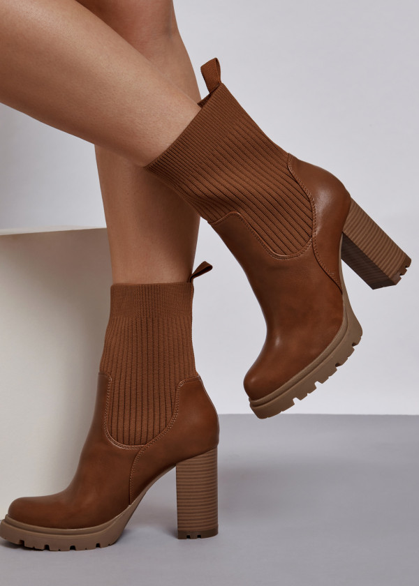 Tan sock style heeled midi boots