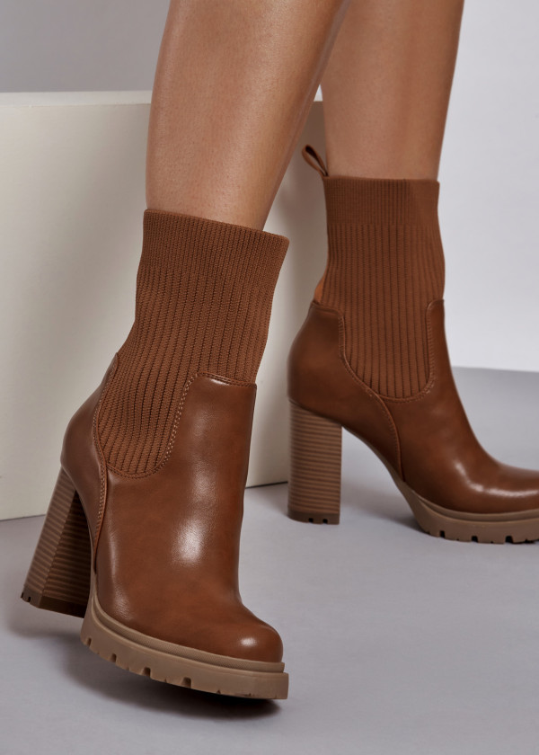 Tan sock style heeled midi boots 1