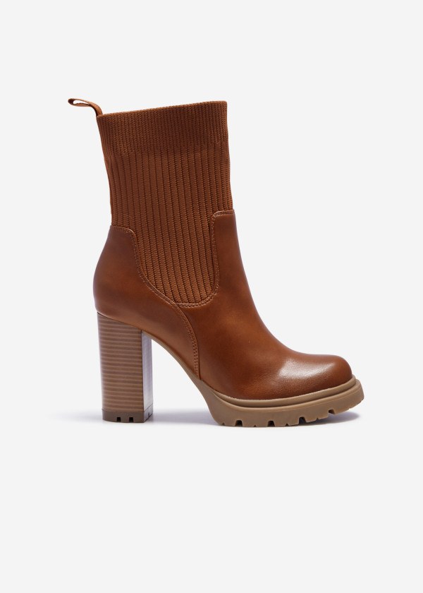 Tan sock style heeled midi boots 3