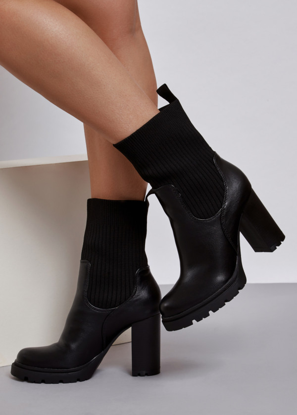 Black sock style heeled midi boots