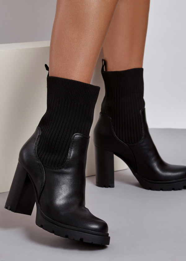 Black sock style heeled midi boots 1