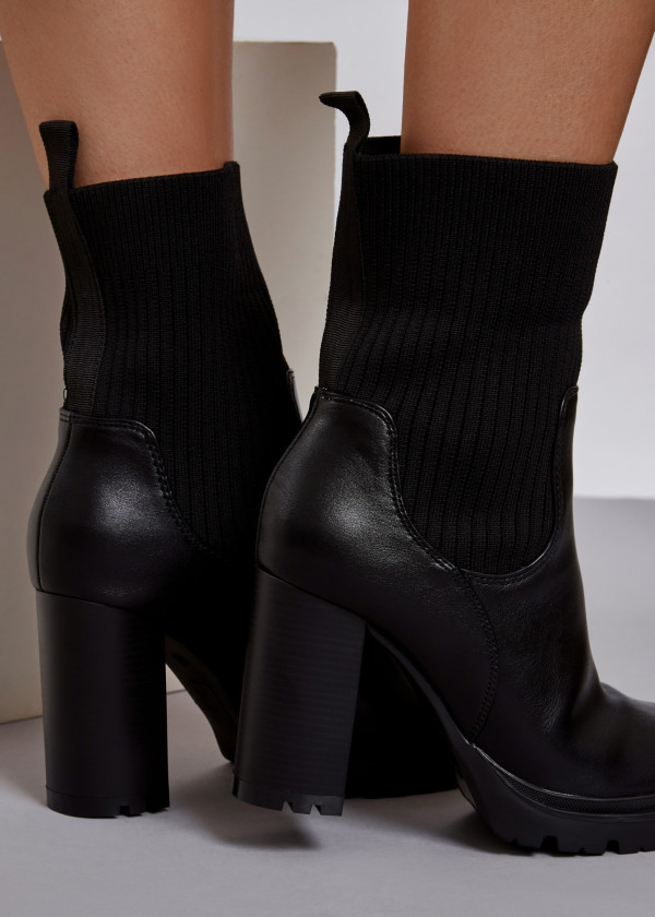 Black sock style heeled midi boots 2