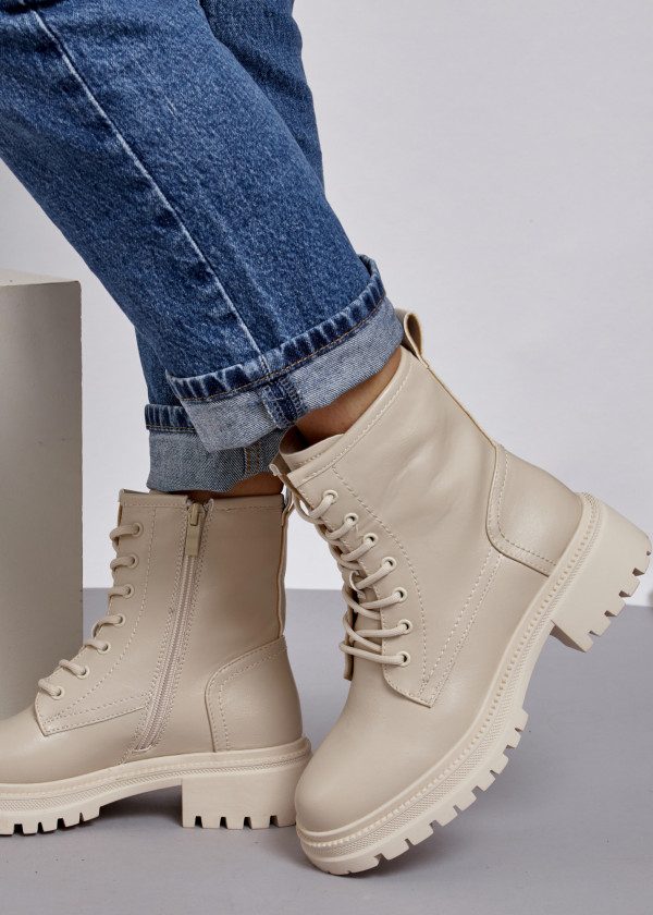 Beige lace up ankle boots