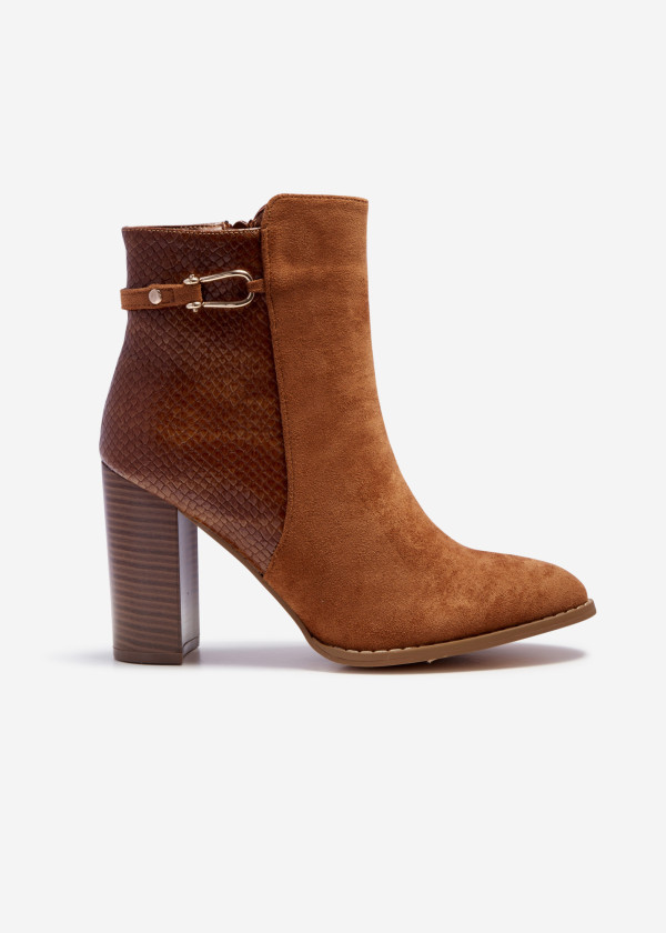 Brown tan two toned snake print heeled ankle boots 3