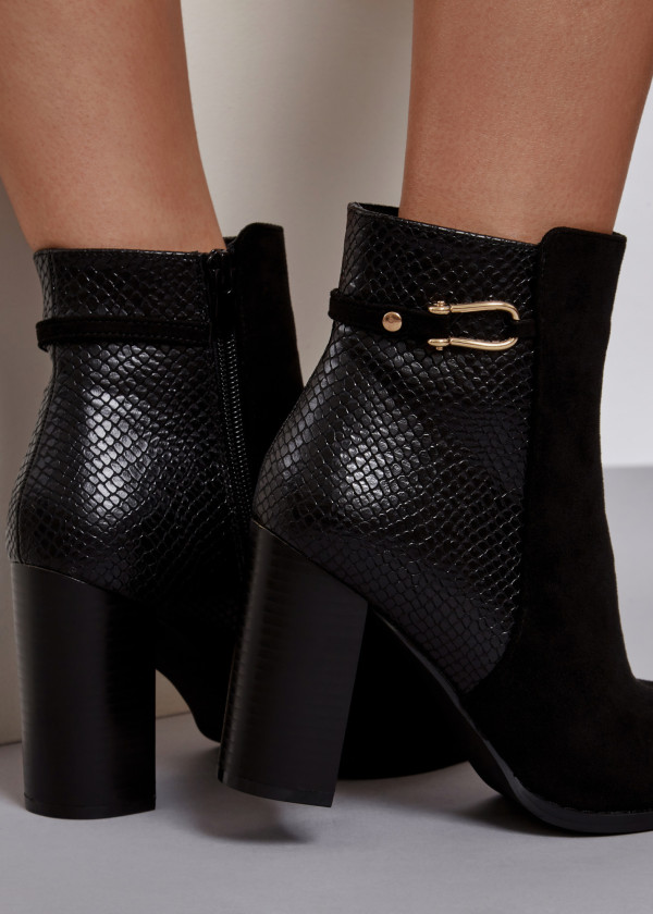 Black two toned snake print heeled ankle boots 1