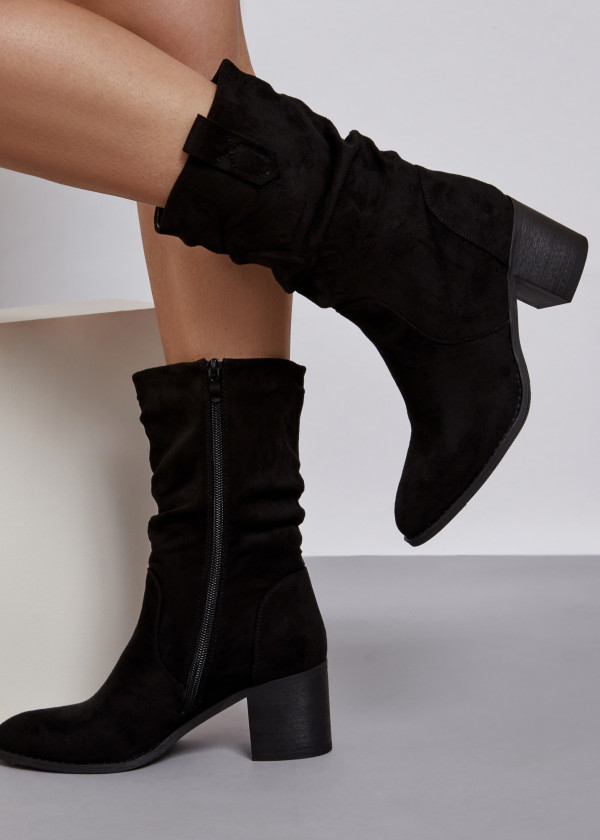 Black rustic midi heeled boots
