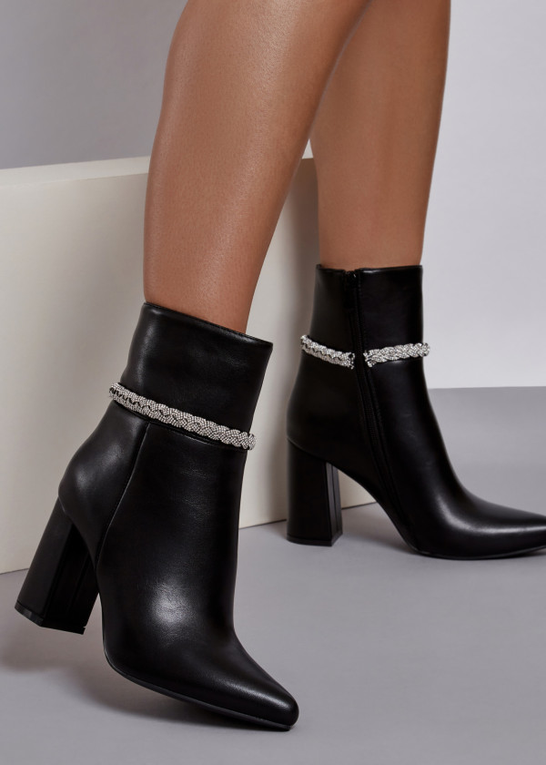 Black diamante plait strap detail heeled ankle boots