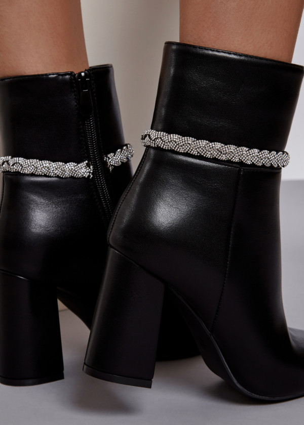 Black diamante plait strap detail heeled ankle boots 1