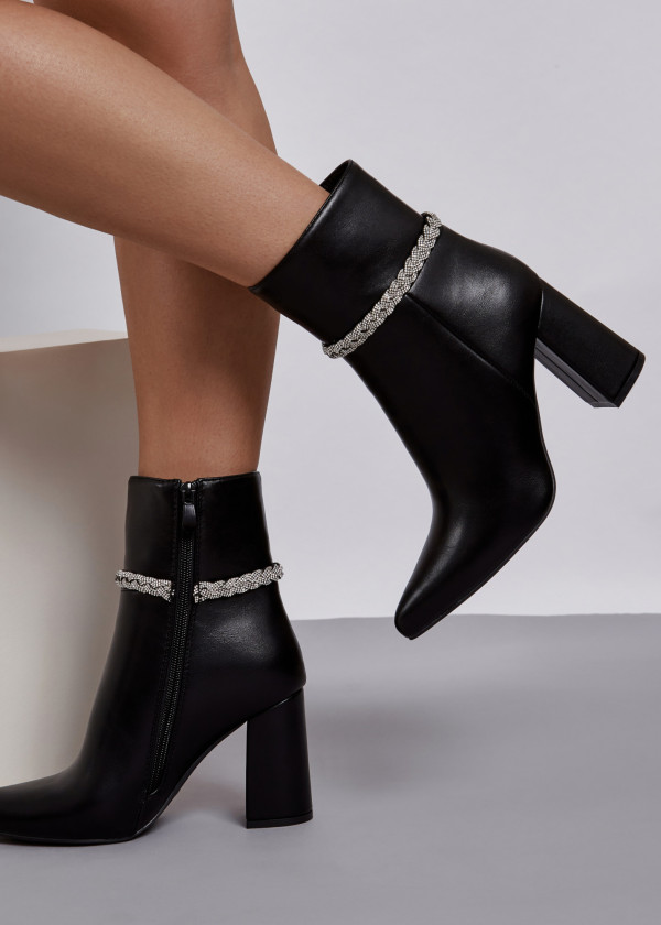 Black diamante plait strap detail heeled ankle boots 2