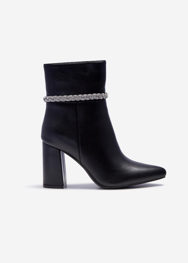 Black diamante plait strap detail heeled ankle boots 3