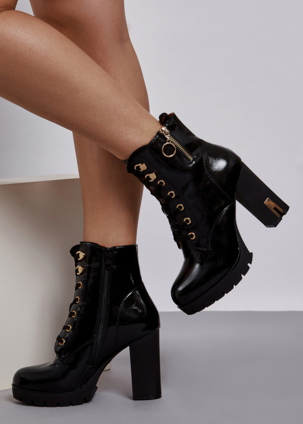 Black patent lace up heeled ankle boots 1