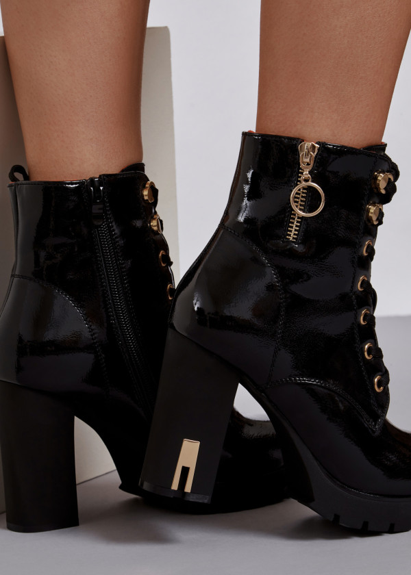 Black patent lace up heeled ankle boots 2