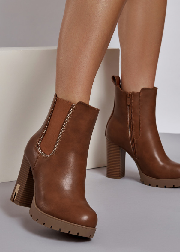 Brown tan diamante embellished heeled ankle boots