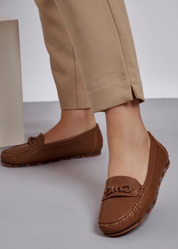 Brown tan metallic bar detailed loafers 1