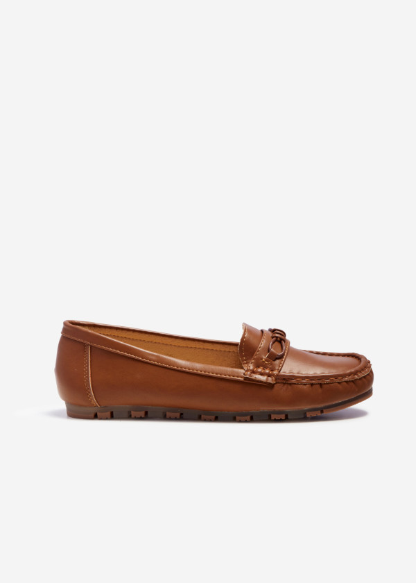 Brown tan metallic bar detailed loafers 3