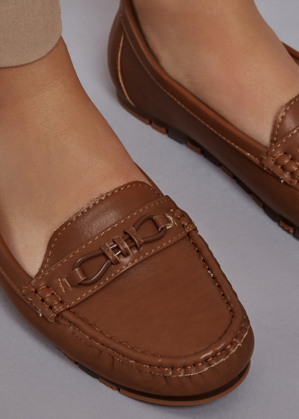 Brown tan metallic bar detailed loafers 2