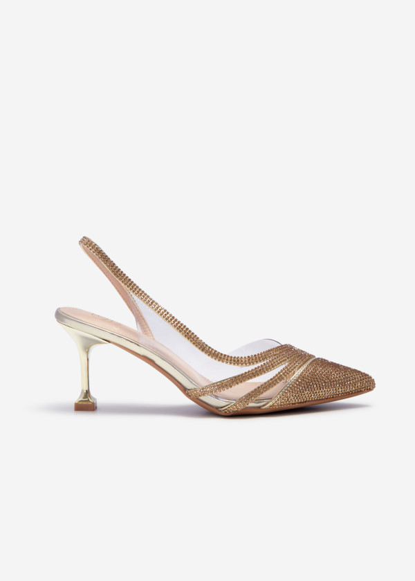 Gold diamante embellished sling back court shoes 3