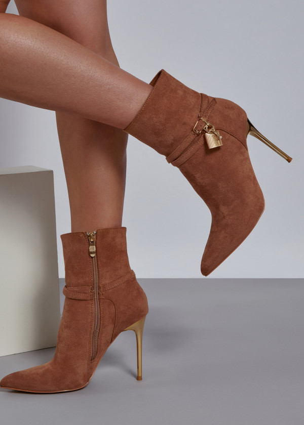 Tan pointed toe stiletto style ankle boots