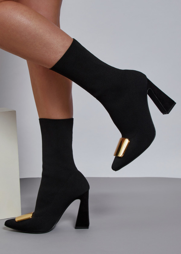 Black gold buckle heeled sock boots 1