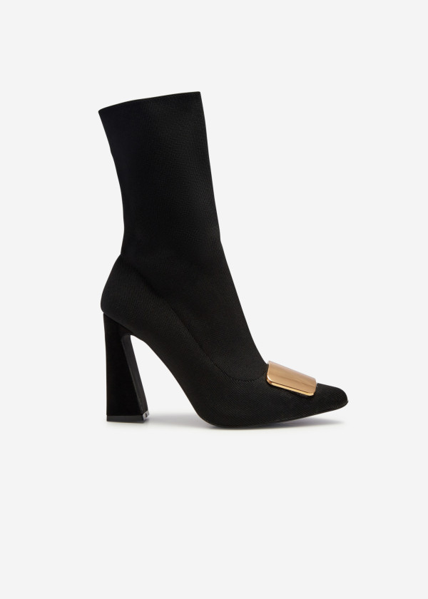 Black gold buckle heeled sock boots 3