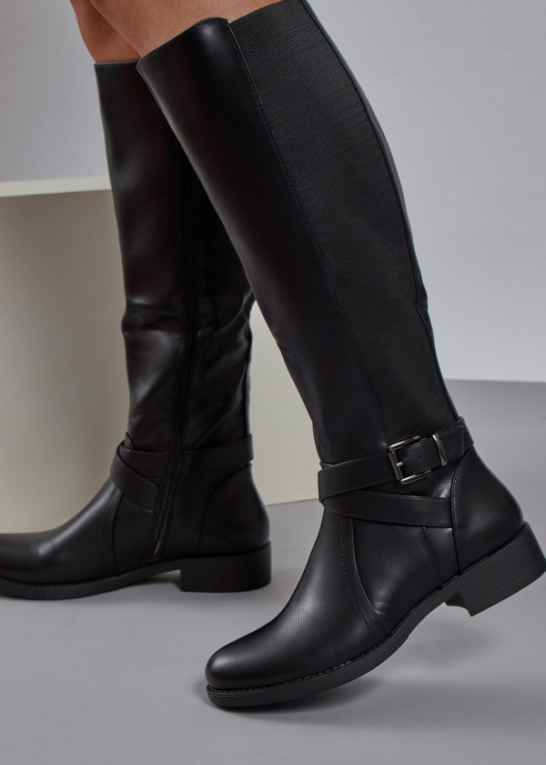 Black elasticated buckle detail knee high boots