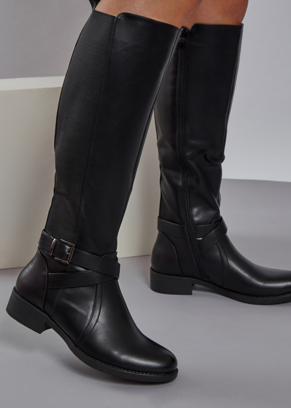 Black elasticated buckle detail knee high boots 1