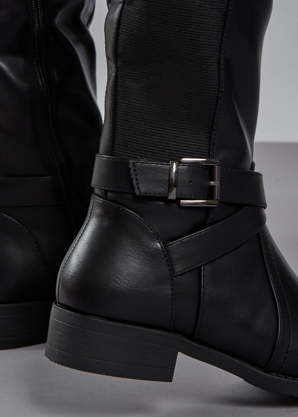 Black elasticated buckle detail knee high boots 2