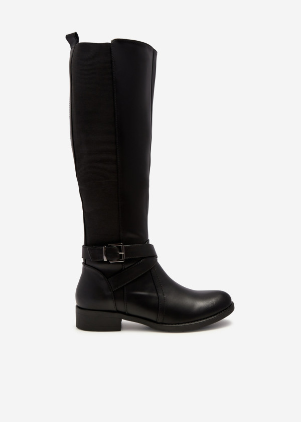 Black elasticated buckle detail knee high boots 3
