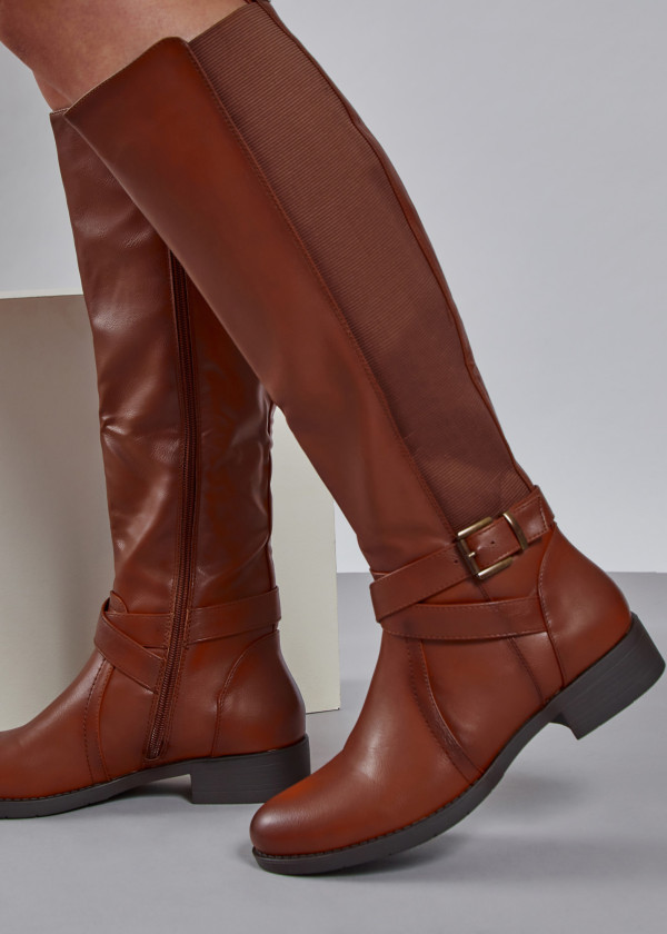 Brown tan elasticated buckle detail knee high boots