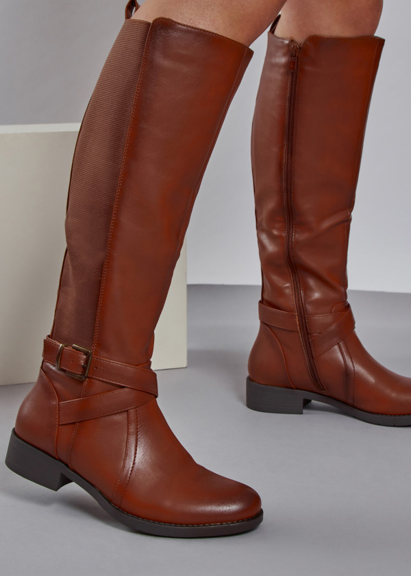 Brown tan elasticated buckle detail knee high boots 1