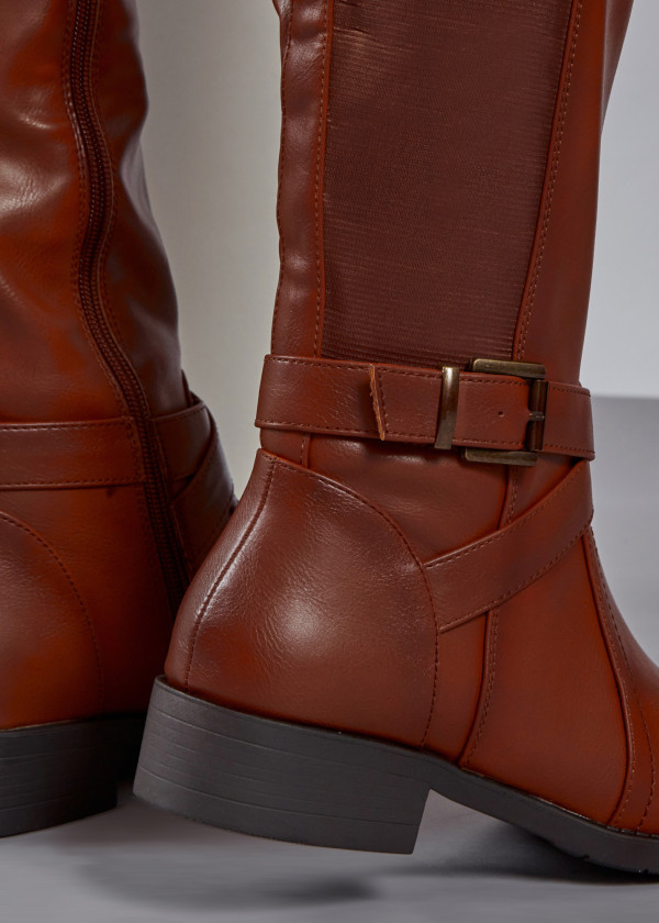 Brown tan elasticated buckle detail knee high boots 2