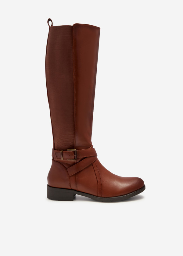 Brown tan elasticated buckle detail knee high boots 3