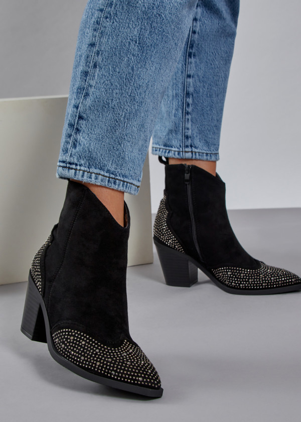 Black rhinestone embellished heeled cowboy boots