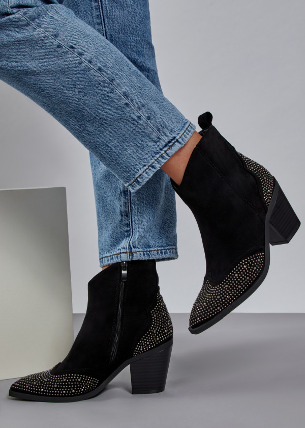 Black rhinestone embellished heeled cowboy boots 1