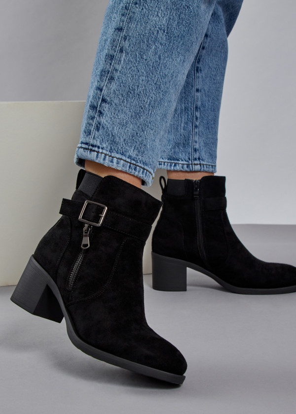 Black buckle zip detail heeled ankle boots