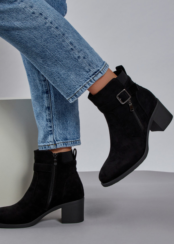Black buckle zip detail heeled ankle boots 1