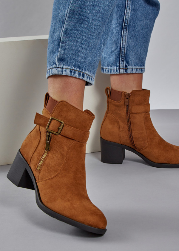 Tan buckle zip detail heeled ankle boots