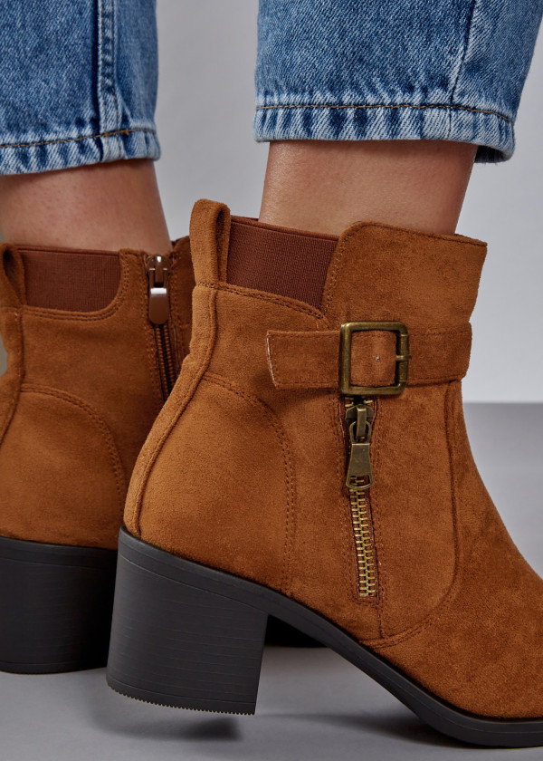 Tan buckle zip detail heeled ankle boots 2