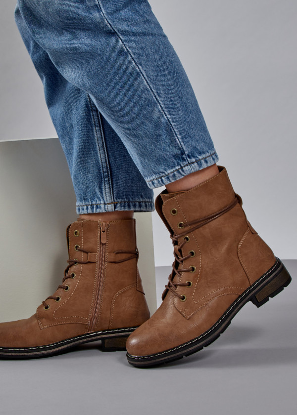Brown tan rustic lace up ankle boots