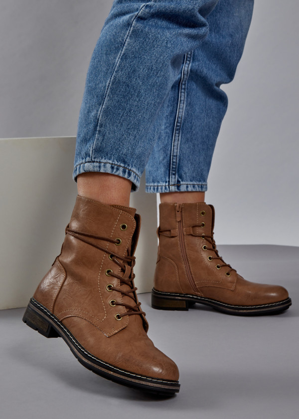 Brown tan rustic lace up ankle boots 1