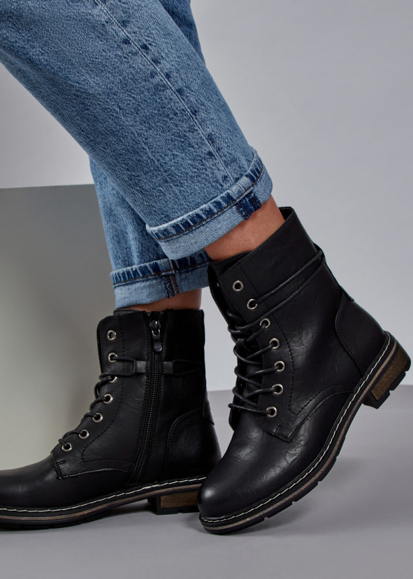 Black rustic lace up ankle boots