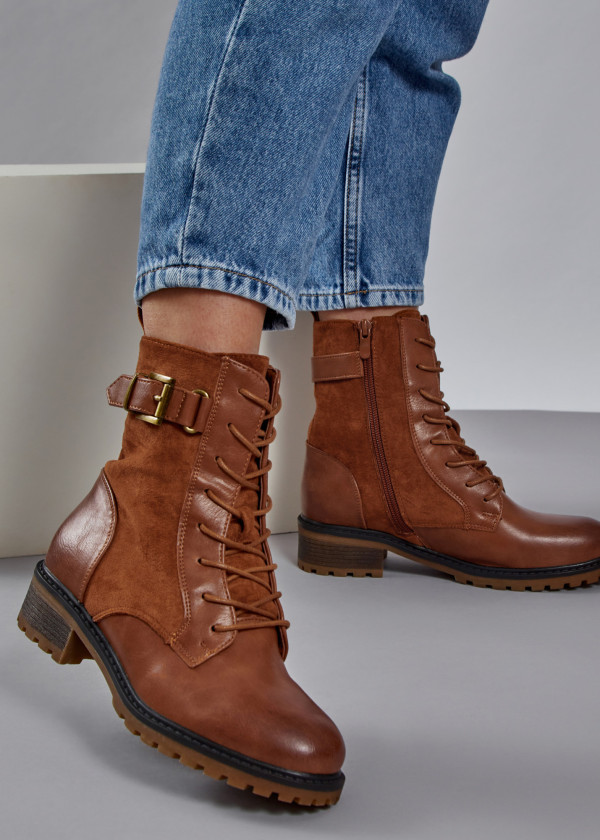 Brown tan two toned buckle detailed ankle boots 1