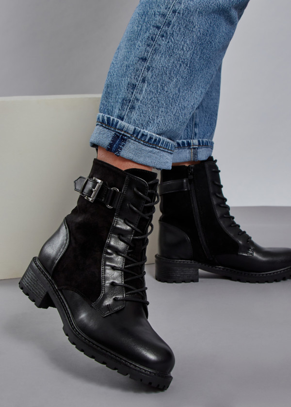 Black two toned buckle detailed ankle boots 4
