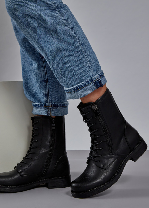 Black zip detail rustic ankle boots