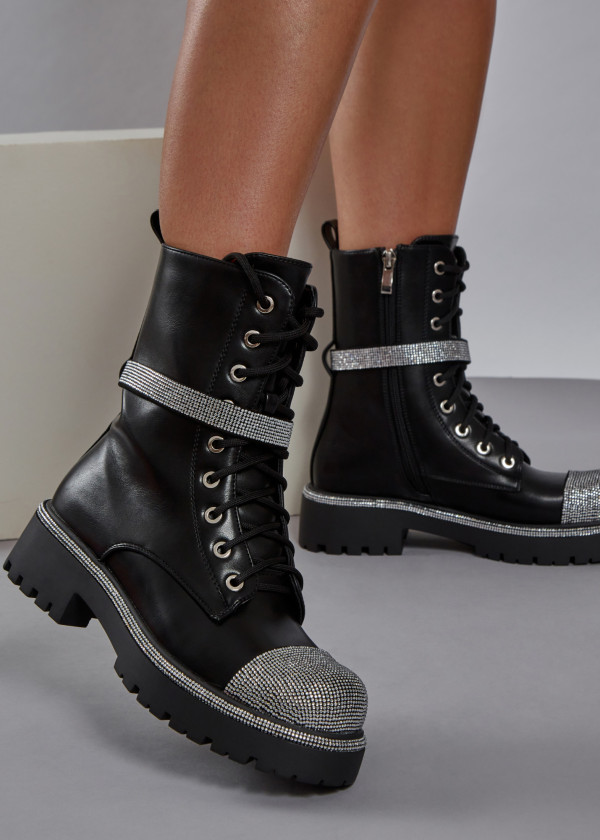 Black diamante embellished army boots
