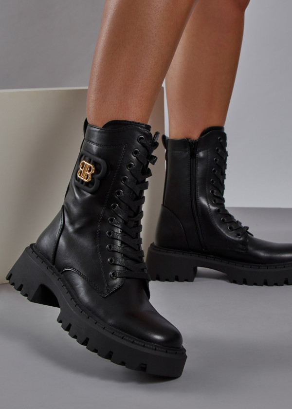 Black gold brooch detailed army boots