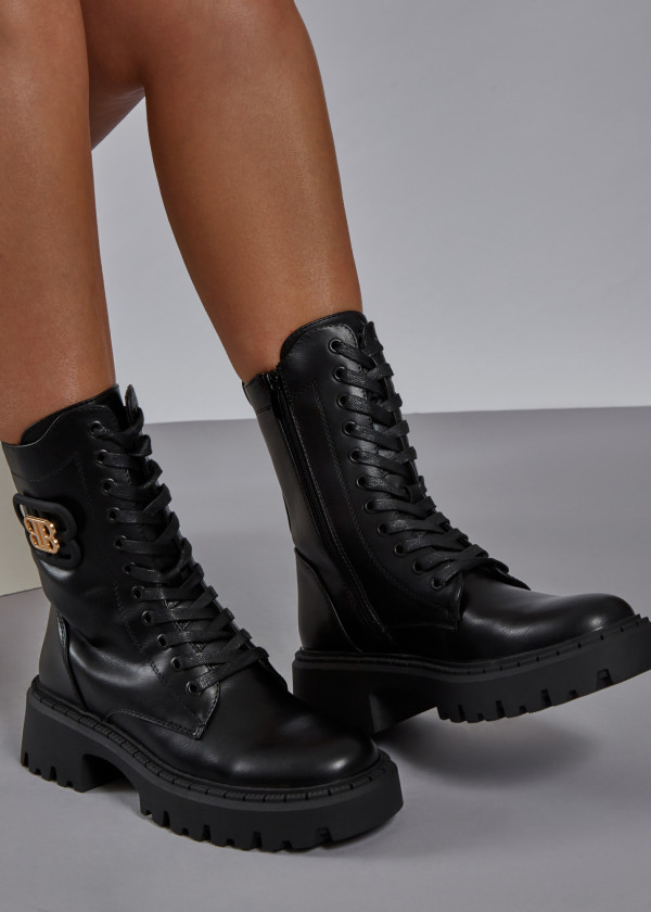 Black gold brooch detailed army boots 2