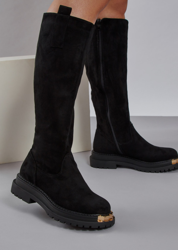 Black gold toe detailed knee high boots