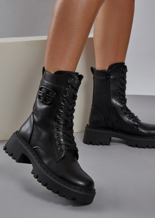Black brooch detailed chunky army boots 4