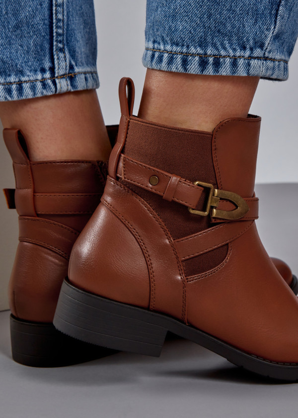 Brown tan clip design flat ankle boots 2
